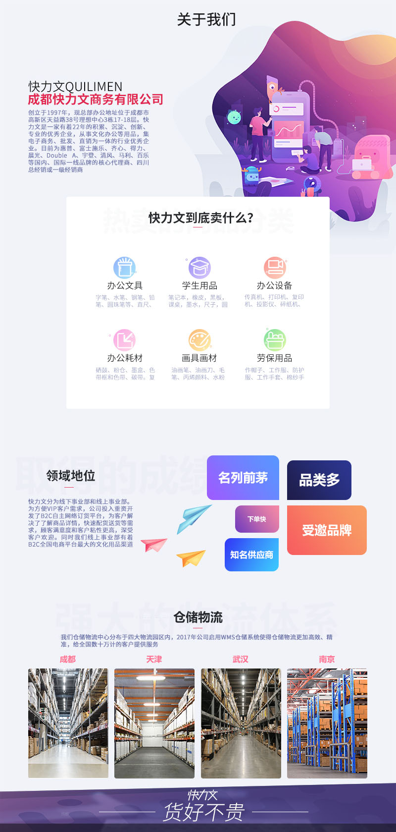 成都快力文商務有限公司（CHENGU QUILIMEN BUSINESS SERVICE CORPORATION LIMITED）簡稱：快力文QUILIMEN，創立于1997年，現總部辦公地址位于成都市高新區天益路38號理想中心3棟17-18層?？炝ξ氖且患矣兄?2年的積累、沉淀、創新、專業的優秀企業，從事辦公文具、學生用品、辦公設備、辦公耗材、畫具畫材、勞保用品等文化辦公用品，集電子商務、批發、直銷為一體的行業優秀企業。目前為惠普、富士施樂、齊心、得力、晨光、Double A、宇登、清風、馬利、百樂等國內、國際一線品牌的核心代理商、四川總經銷或一級經銷商。
快力文分為線下事業部和線上事業部。為方便VIP客戶需求，公司投入重資開發了B2C自主網絡訂貨平臺，為客戶解決了了解商品詳情，快速配貨送貨等需求，顧客滿意度和客戶粘性更高，深受客戶歡迎。同時我們線上事業部有著B2C全國電商平臺最大的文化用品渠道商。連續3年持續保持天貓全國辦公文化類目單店銷售全國前3強，綜合類目排名全國第一，由于業績突出，16年受邀于京東平臺，成為京東平臺的商家，同時公司還受邀當當網和拼多多，成為國內多個知名電商平臺的供應商。
我們倉儲物流中心分布于成都、天津、武漢、南京、的物流園區內2017年公司啟用WMS倉儲系統使得倉儲物流更加高效、精準，給全國數十萬計的客戶提供服務。